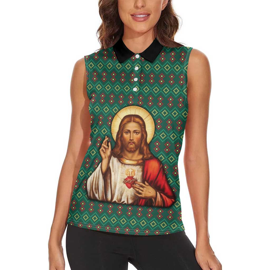 Sacred Heart Jesus Christmas Women Sleeveless Polo Shirt with Festive Green Knit Pattern - Wonder Print Shop