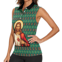 Sacred Heart Jesus Christmas Women Sleeveless Polo Shirt with Festive Green Knit Pattern - Wonder Print Shop