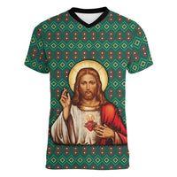 Sacred Heart Jesus Christmas Women V-Neck T-Shirt with Festive Green Knit Pattern - Wonder Print Shop