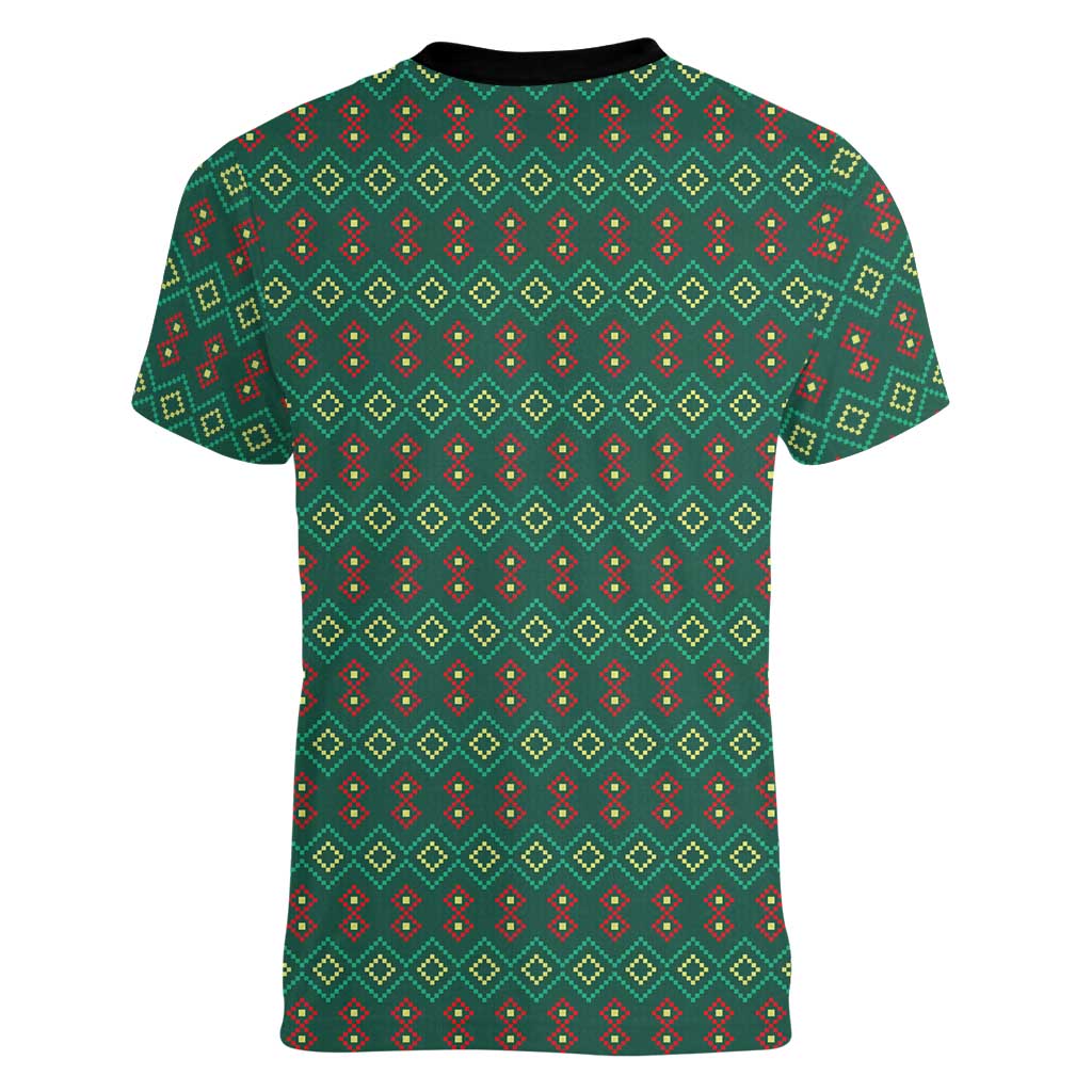 Sacred Heart Jesus Christmas Women V-Neck T-Shirt with Festive Green Knit Pattern - Wonder Print Shop