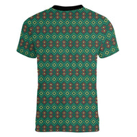 Sacred Heart Jesus Christmas Women V-Neck T-Shirt with Festive Green Knit Pattern - Wonder Print Shop