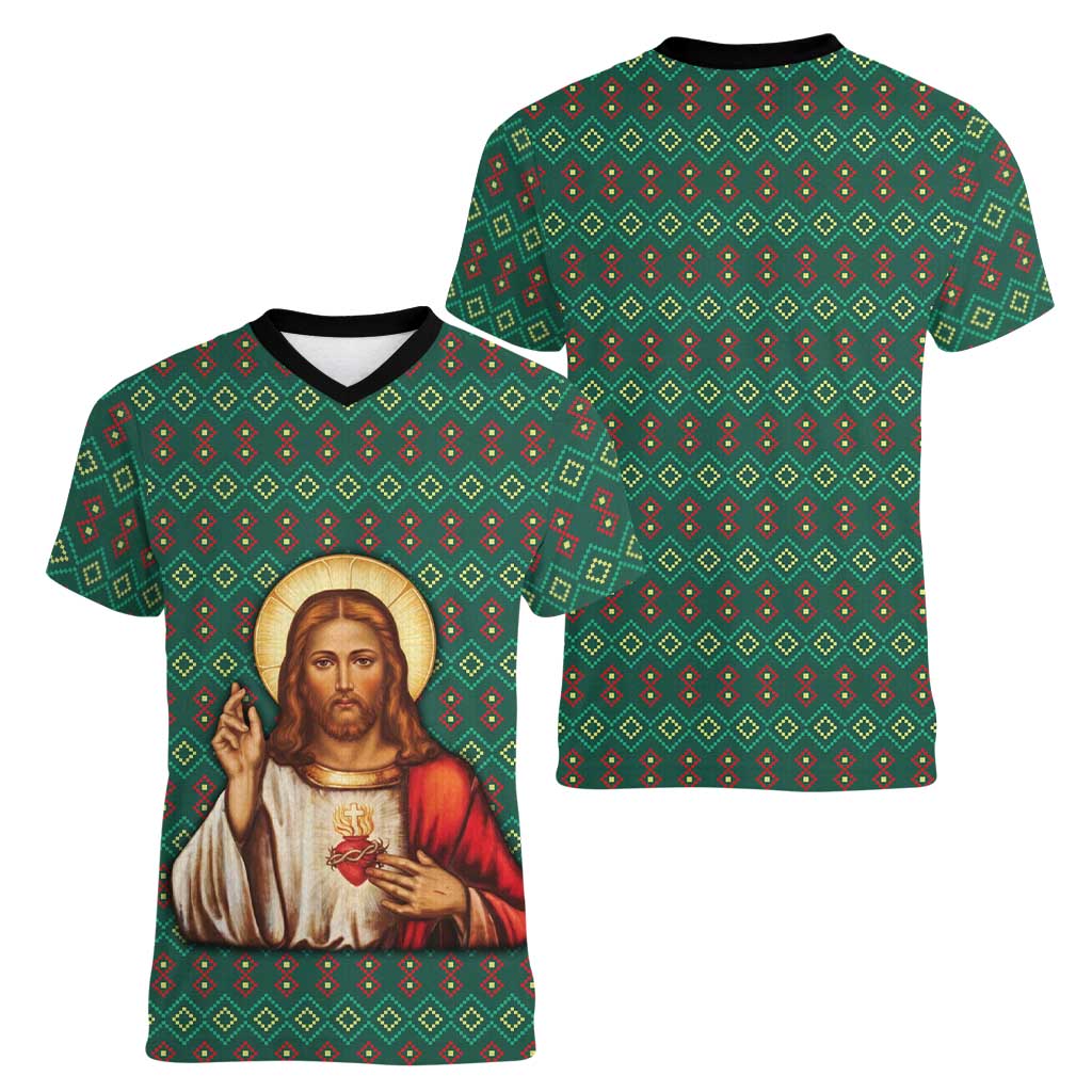 Sacred Heart Jesus Christmas Women V-Neck T-Shirt with Festive Green Knit Pattern - Wonder Print Shop