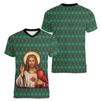 Sacred Heart Jesus Christmas Women V-Neck T-Shirt with Festive Green Knit Pattern - Wonder Print Shop