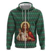 Sacred Heart Jesus Christmas Zip Hoodie with Festive Green Knit Pattern - Wonder Print Shop