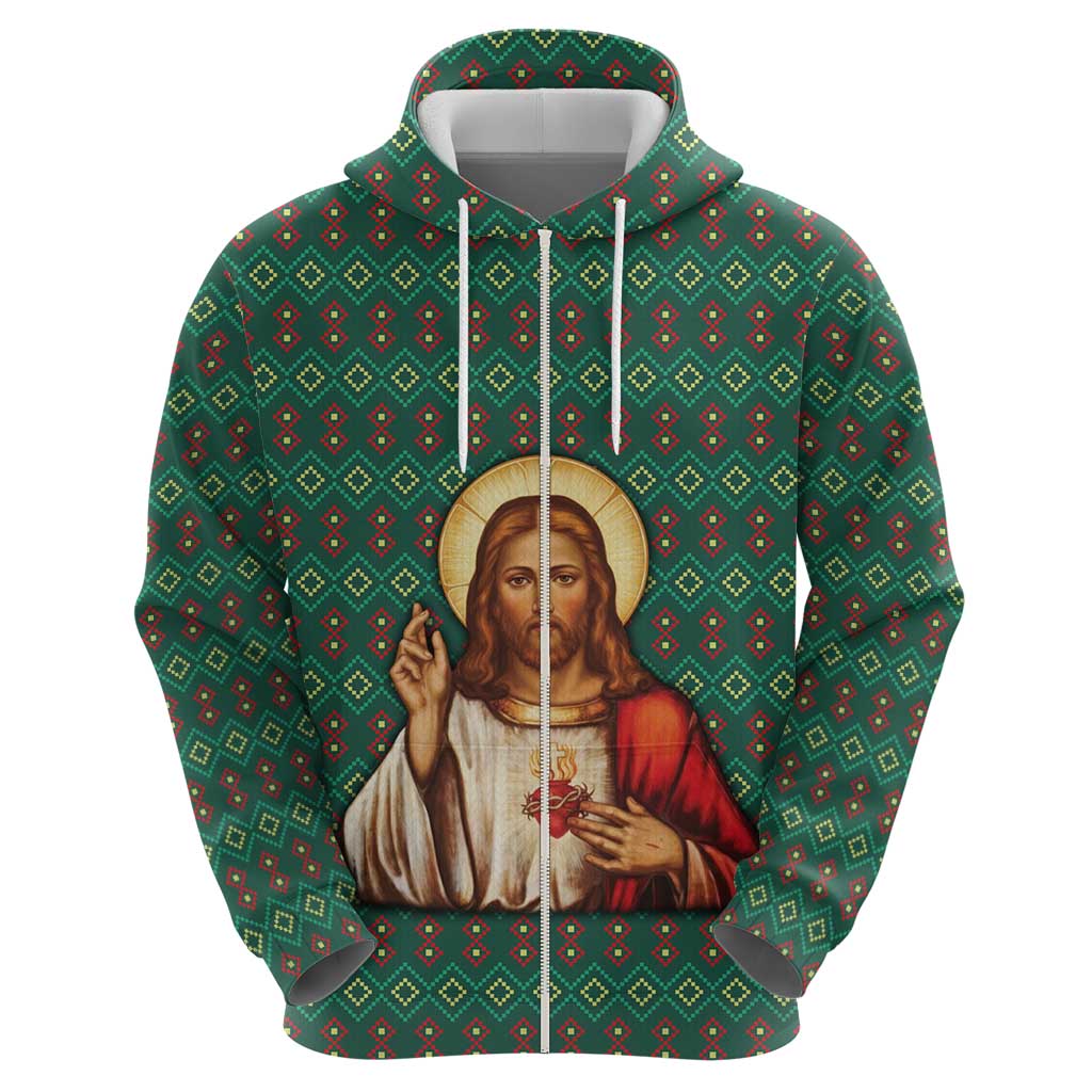 Sacred Heart Jesus Christmas Zip Hoodie with Festive Green Knit Pattern - Wonder Print Shop