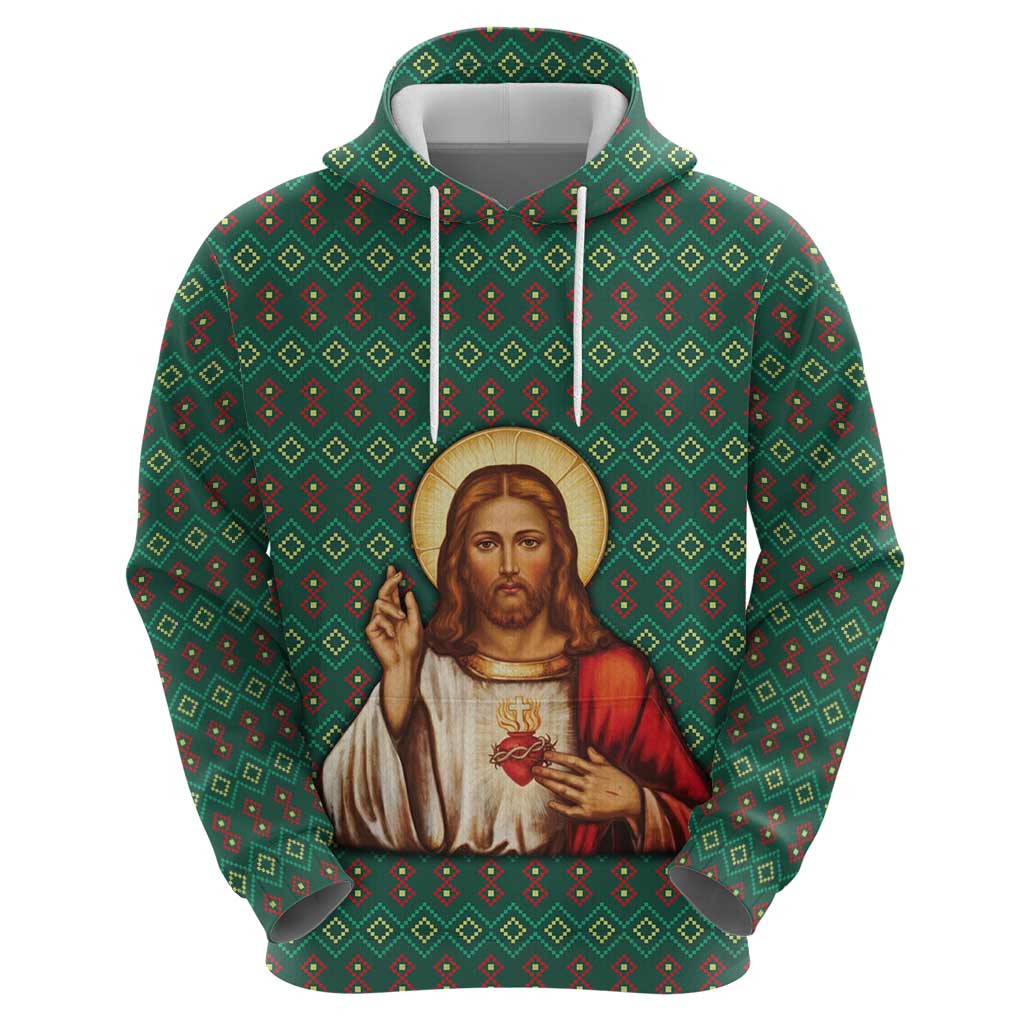 Sacred Heart Jesus Christmas Zip Hoodie with Festive Green Knit Pattern - Wonder Print Shop