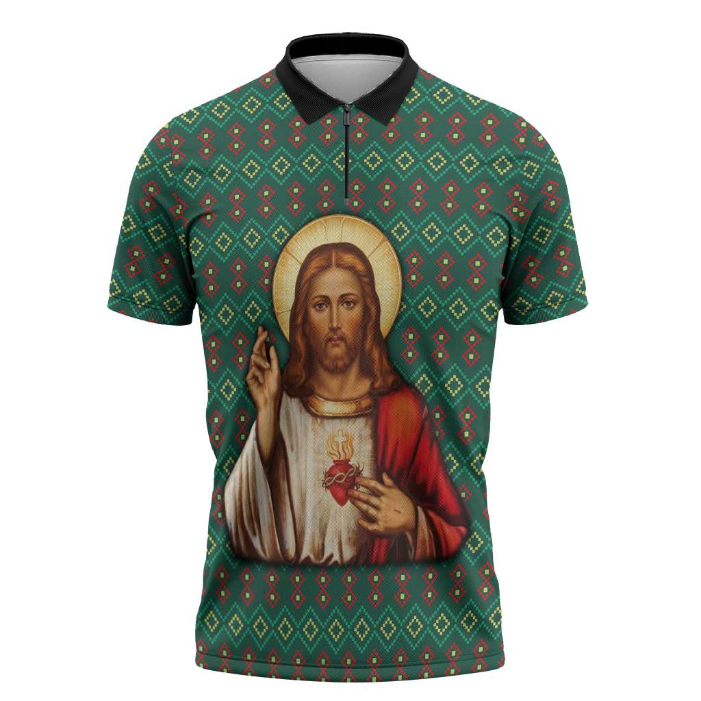 Sacred Heart Jesus Christmas Zipper Polo Shirt with Festive Green Knit Pattern - Wonder Print Shop