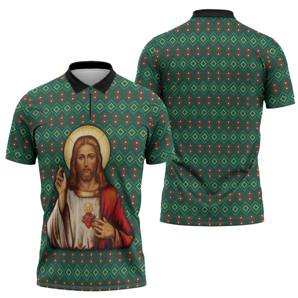 Sacred Heart Jesus Christmas Zipper Polo Shirt with Festive Green Knit Pattern - Wonder Print Shop