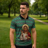Sacred Heart Jesus Christmas Zipper Polo Shirt with Festive Green Knit Pattern - Wonder Print Shop