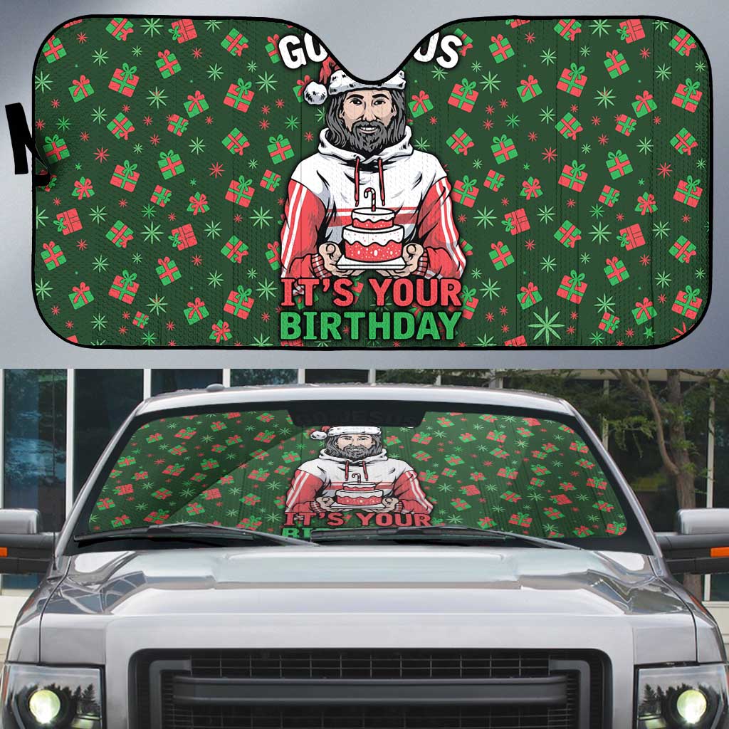 Go Jesus It's Your Birthday Christmas Auto Sun Shade with Presents and Festive Pattern - Wonder Print Shop