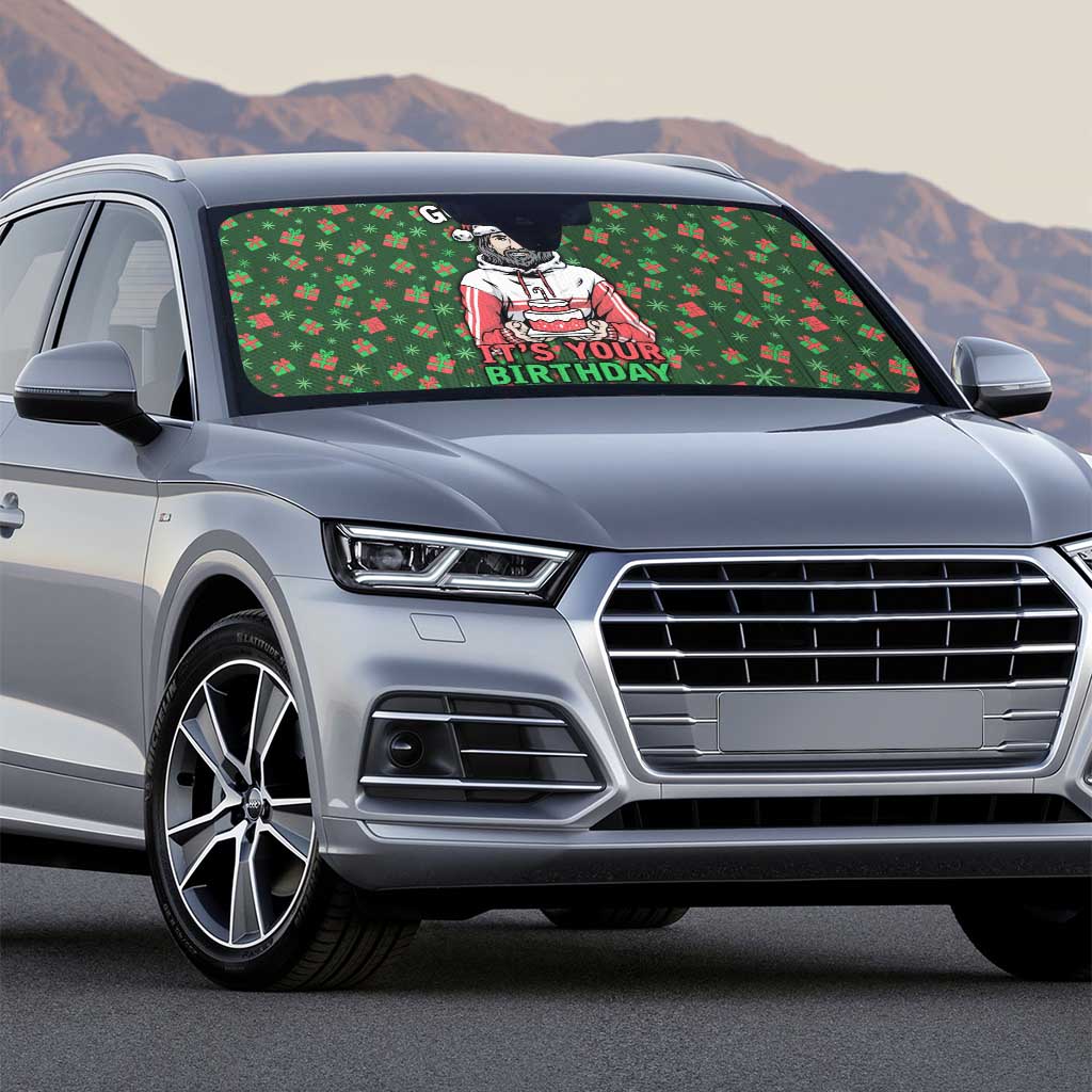 Go Jesus It's Your Birthday Christmas Auto Sun Shade with Presents and Festive Pattern - Wonder Print Shop