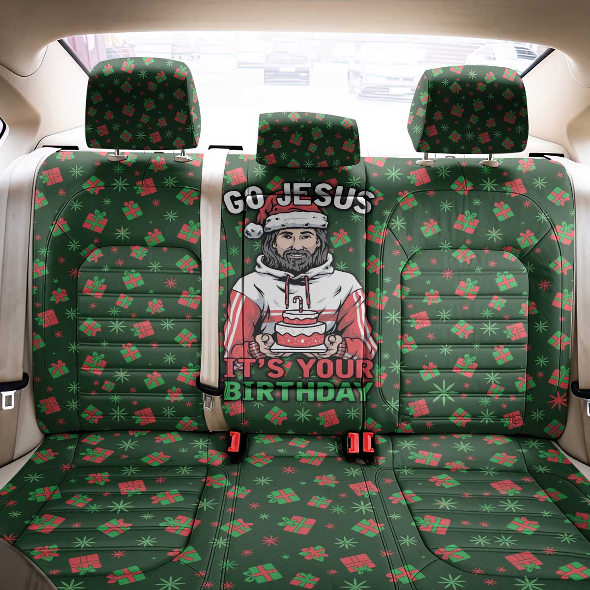 Go Jesus It's Your Birthday Christmas Back Car Seat Cover with Presents and Festive Pattern - Wonder Print Shop