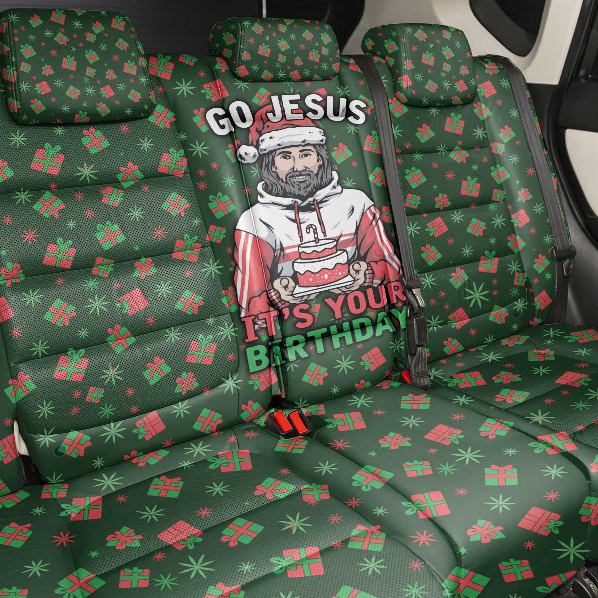 Go Jesus It's Your Birthday Christmas Back Car Seat Cover with Presents and Festive Pattern - Wonder Print Shop