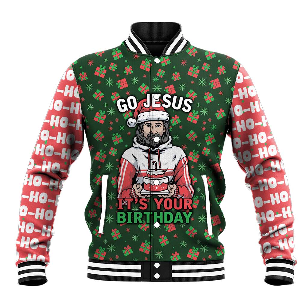 Go Jesus It's Your Birthday Christmas Baseball Jacket with Presents and Festive Pattern - Wonder Print Shop