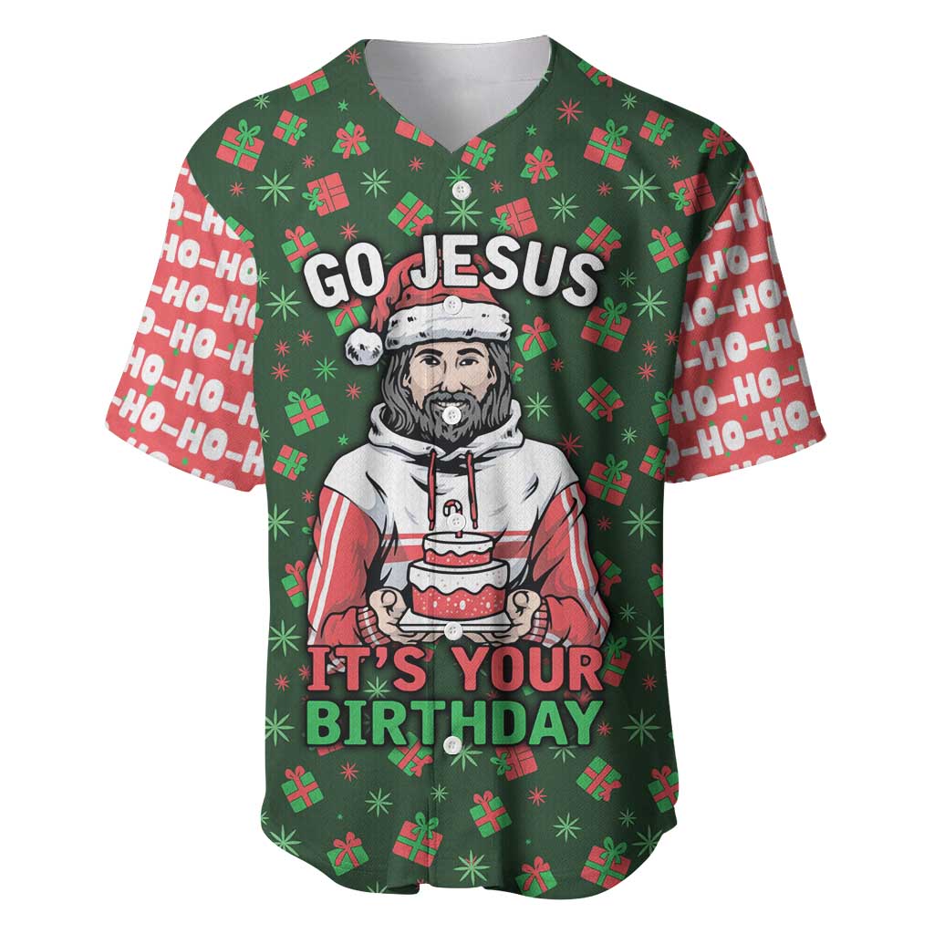 Go Jesus It's Your Birthday Christmas Baseball Jersey with Presents and Festive Pattern - Wonder Print Shop