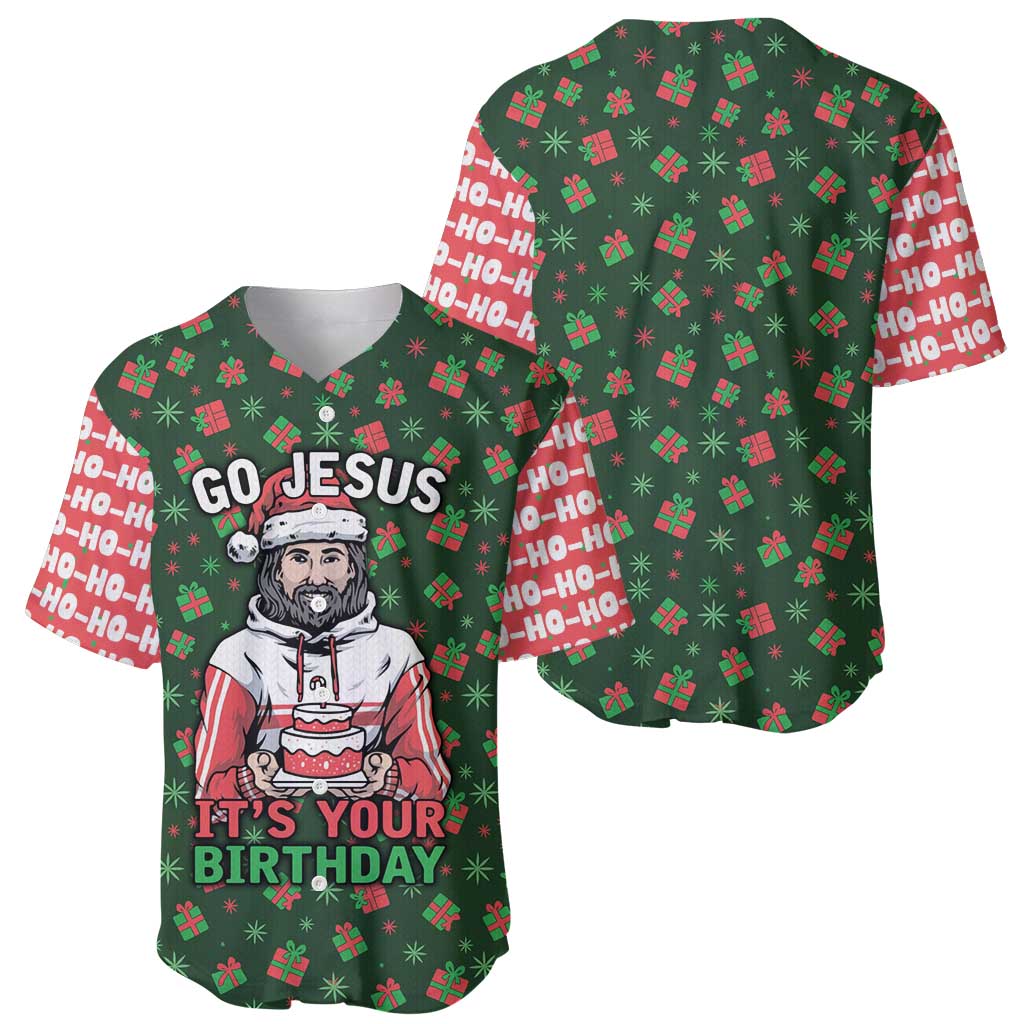 Go Jesus It's Your Birthday Christmas Baseball Jersey with Presents and Festive Pattern - Wonder Print Shop