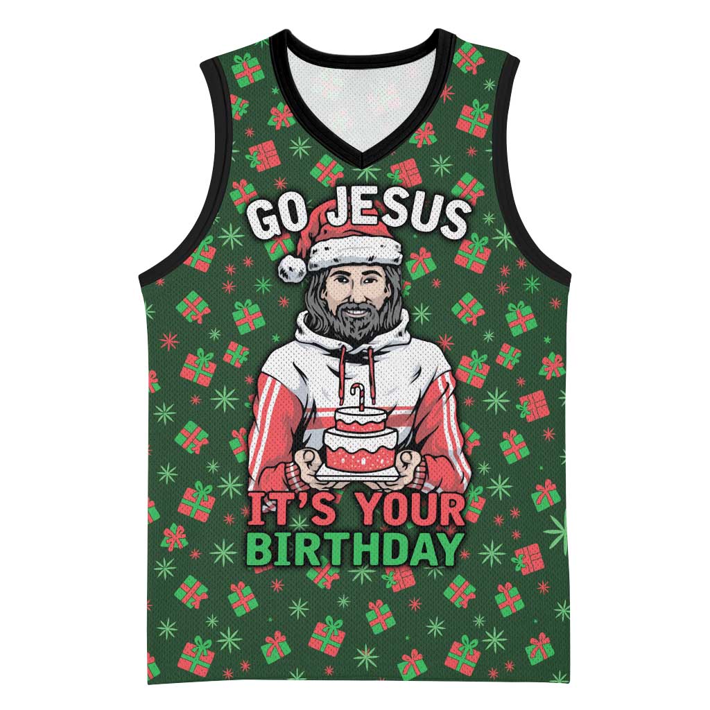 Go Jesus It's Your Birthday Christmas Basketball Jersey with Presents and Festive Pattern - Wonder Print Shop