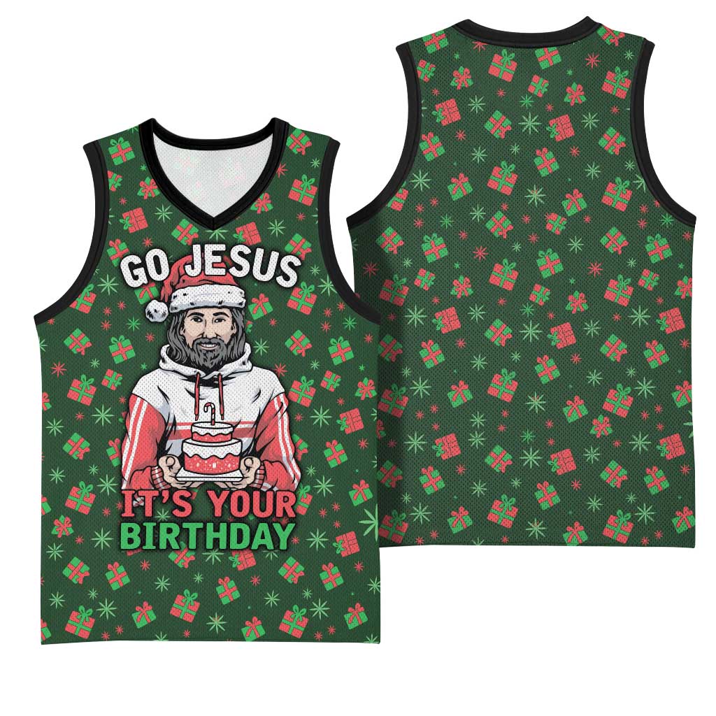 Go Jesus It's Your Birthday Christmas Basketball Jersey with Presents and Festive Pattern - Wonder Print Shop