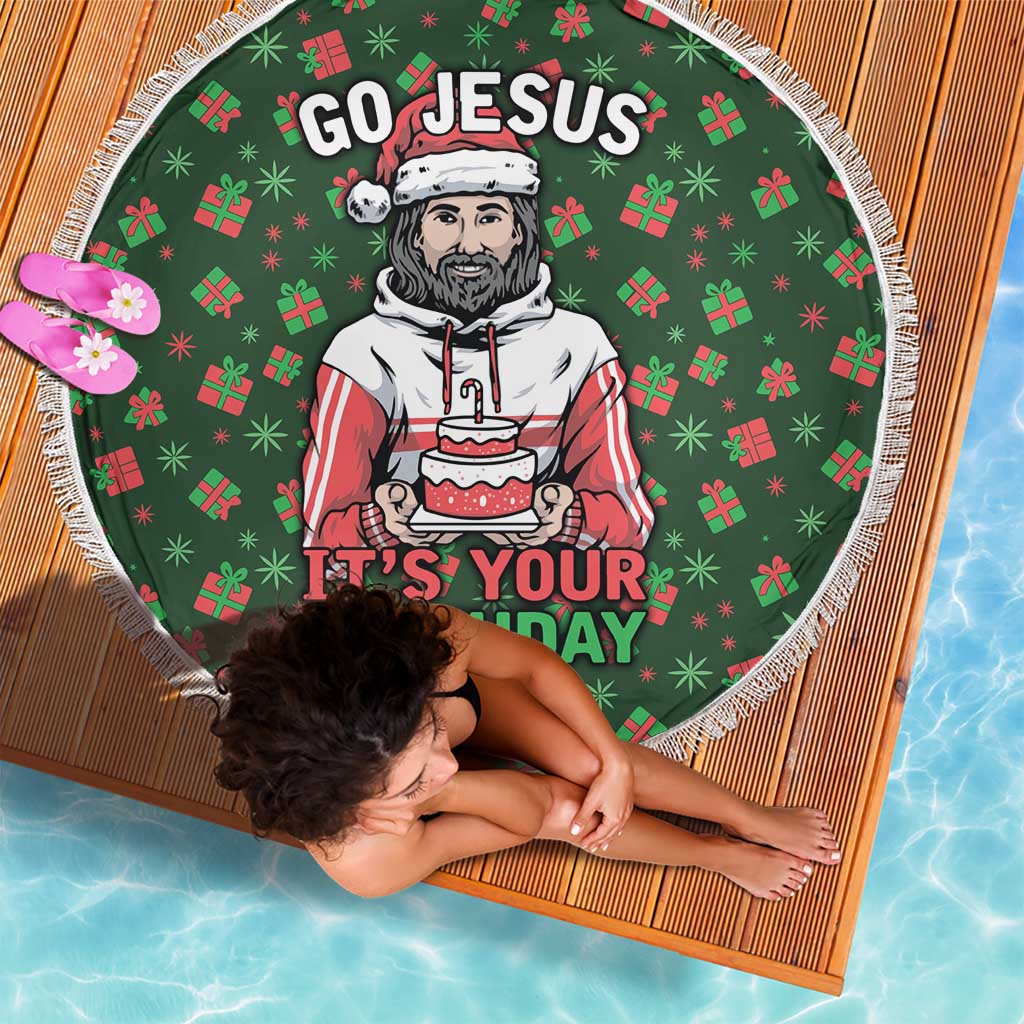 Go Jesus It's Your Birthday Christmas Beach Blanket with Presents and Festive Pattern - Wonder Print Shop