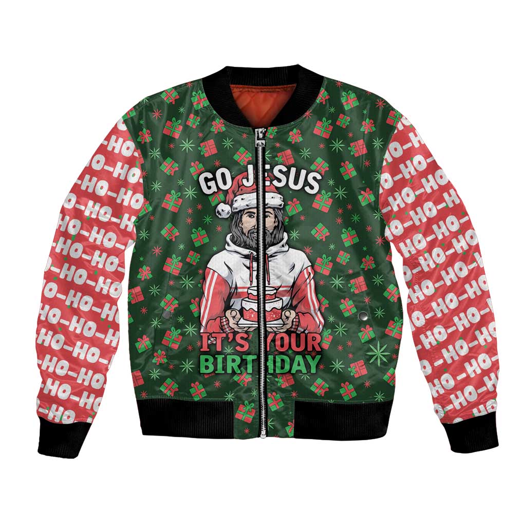 Go Jesus It's Your Birthday Christmas Bomber Jacket with Presents and Festive Pattern - Wonder Print Shop
