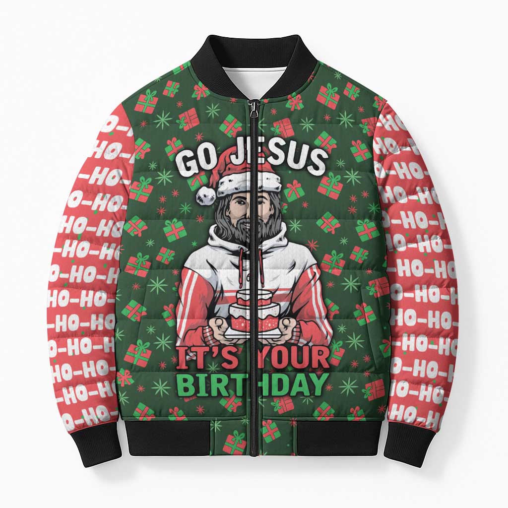 Go Jesus It's Your Birthday Christmas Bomber Puffer Jacket with Presents and Festive Pattern - Wonder Print Shop