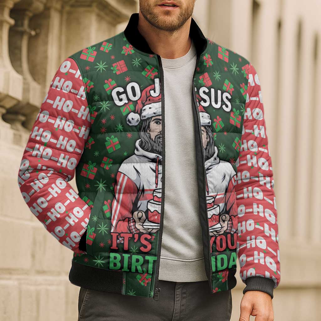 Go Jesus It's Your Birthday Christmas Bomber Puffer Jacket with Presents and Festive Pattern - Wonder Print Shop