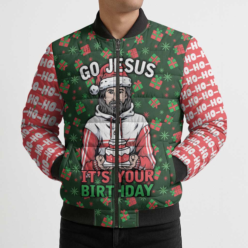 Go Jesus It's Your Birthday Christmas Bomber Puffer Jacket with Presents and Festive Pattern - Wonder Print Shop