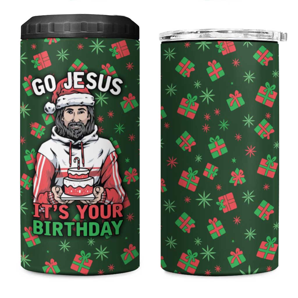 Go Jesus It's Your Birthday Christmas 4 in 1 Can Cooler Tumbler with Presents and Festive Pattern - Wonder Print Shop