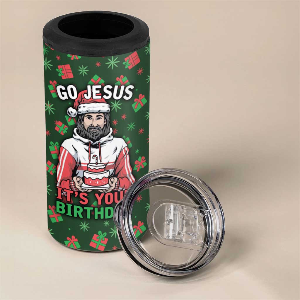 Go Jesus It's Your Birthday Christmas 4 in 1 Can Cooler Tumbler with Presents and Festive Pattern - Wonder Print Shop