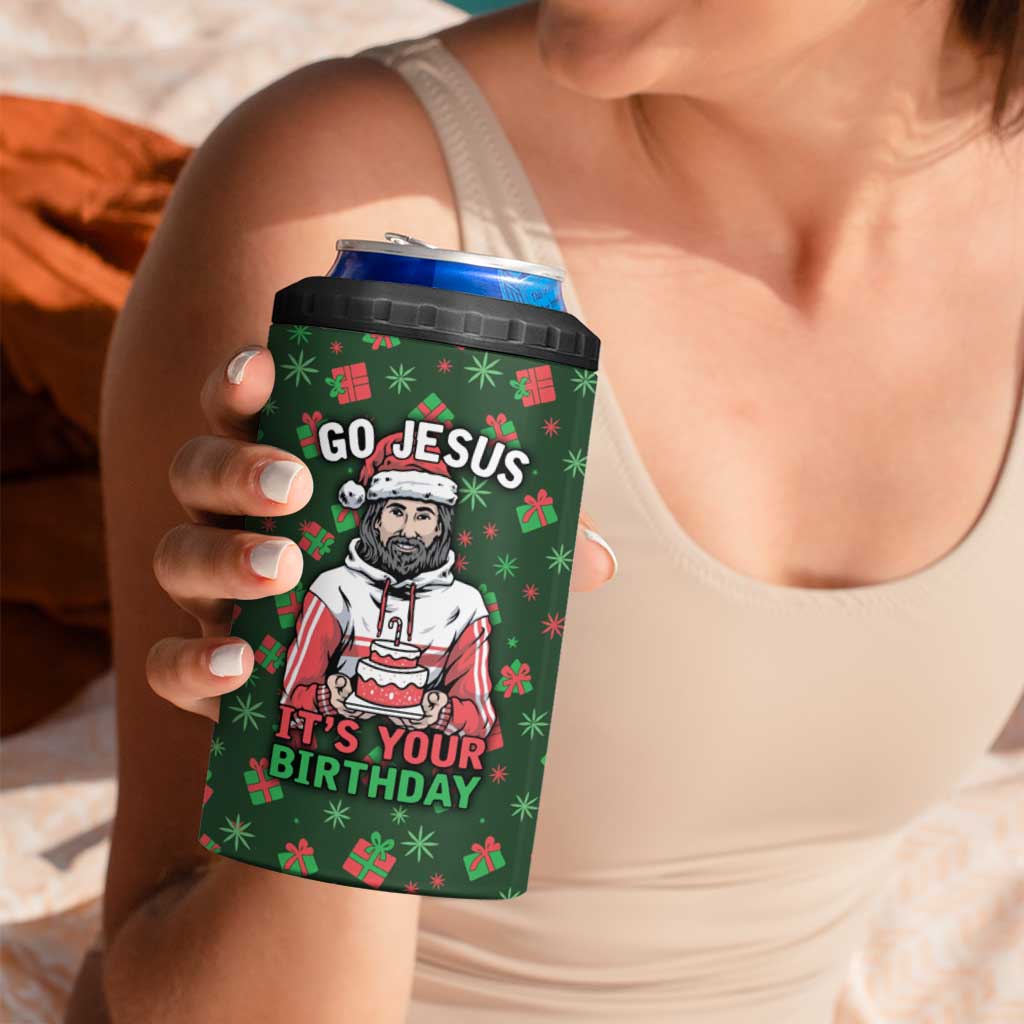 Go Jesus It's Your Birthday Christmas 4 in 1 Can Cooler Tumbler with Presents and Festive Pattern - Wonder Print Shop