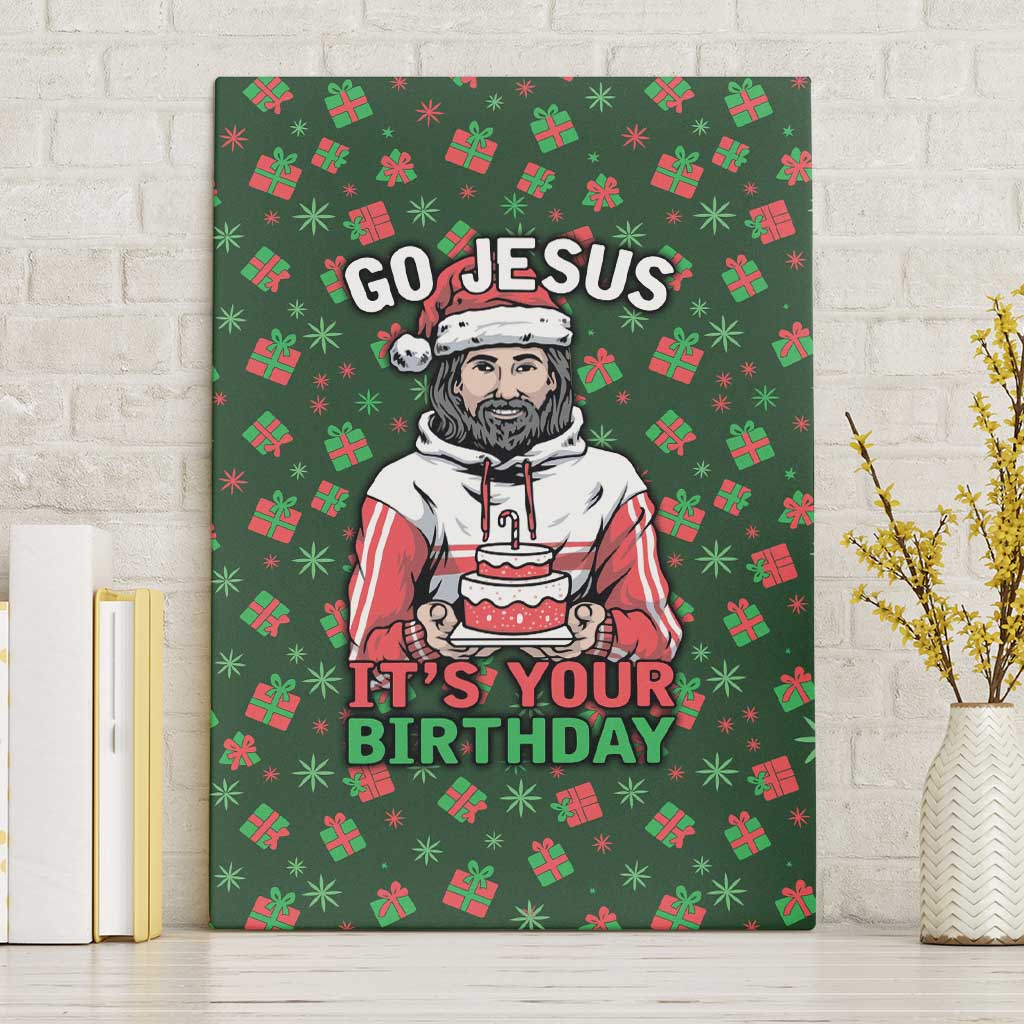 Go Jesus It's Your Birthday Christmas Canvas Wall Art with Presents and Festive Pattern - Wonder Print Shop