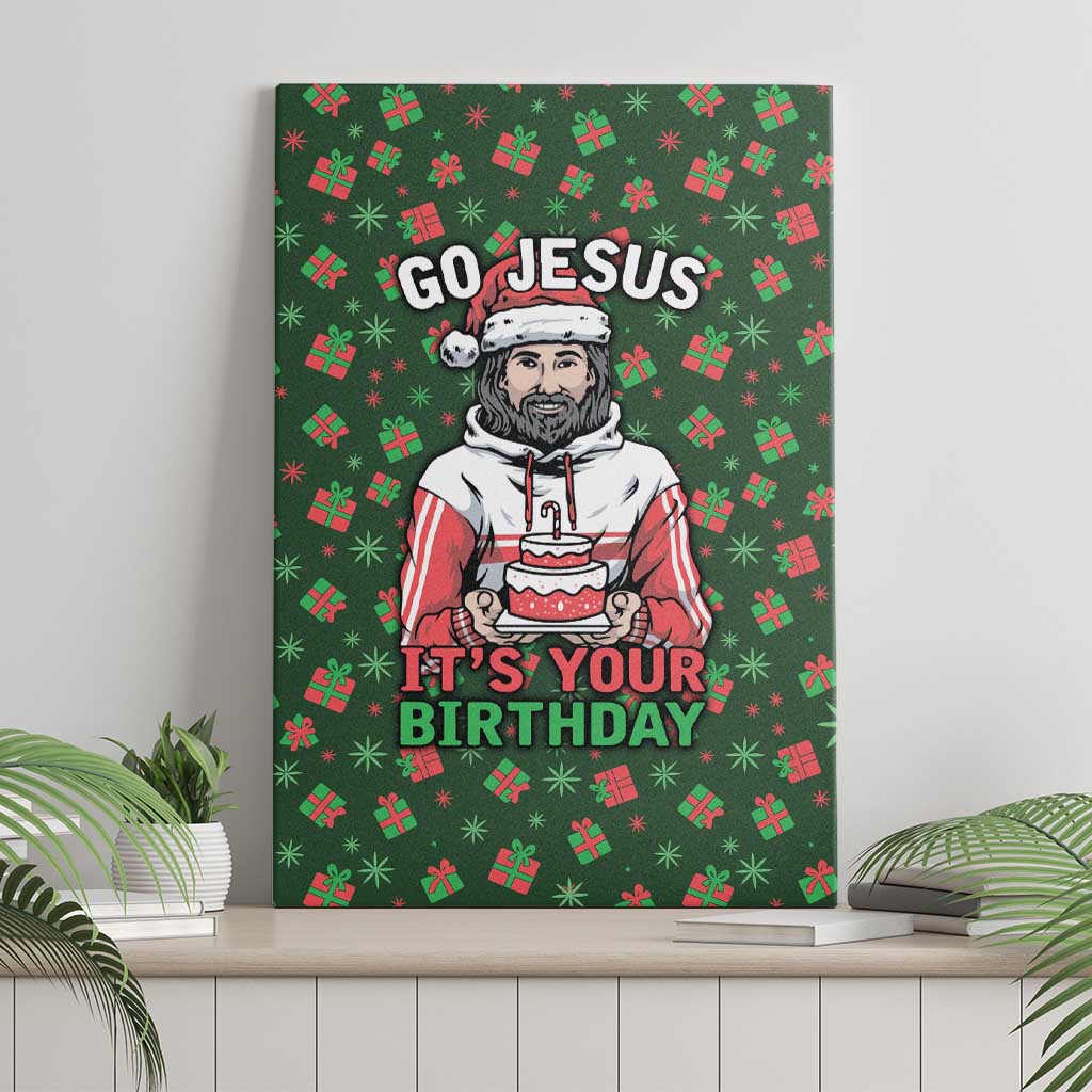 Go Jesus It's Your Birthday Christmas Canvas Wall Art with Presents and Festive Pattern - Wonder Print Shop