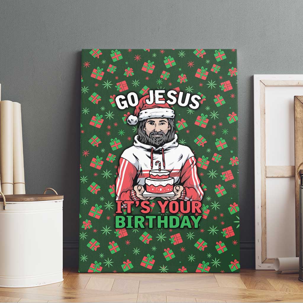 Go Jesus It's Your Birthday Christmas Canvas Wall Art with Presents and Festive Pattern - Wonder Print Shop