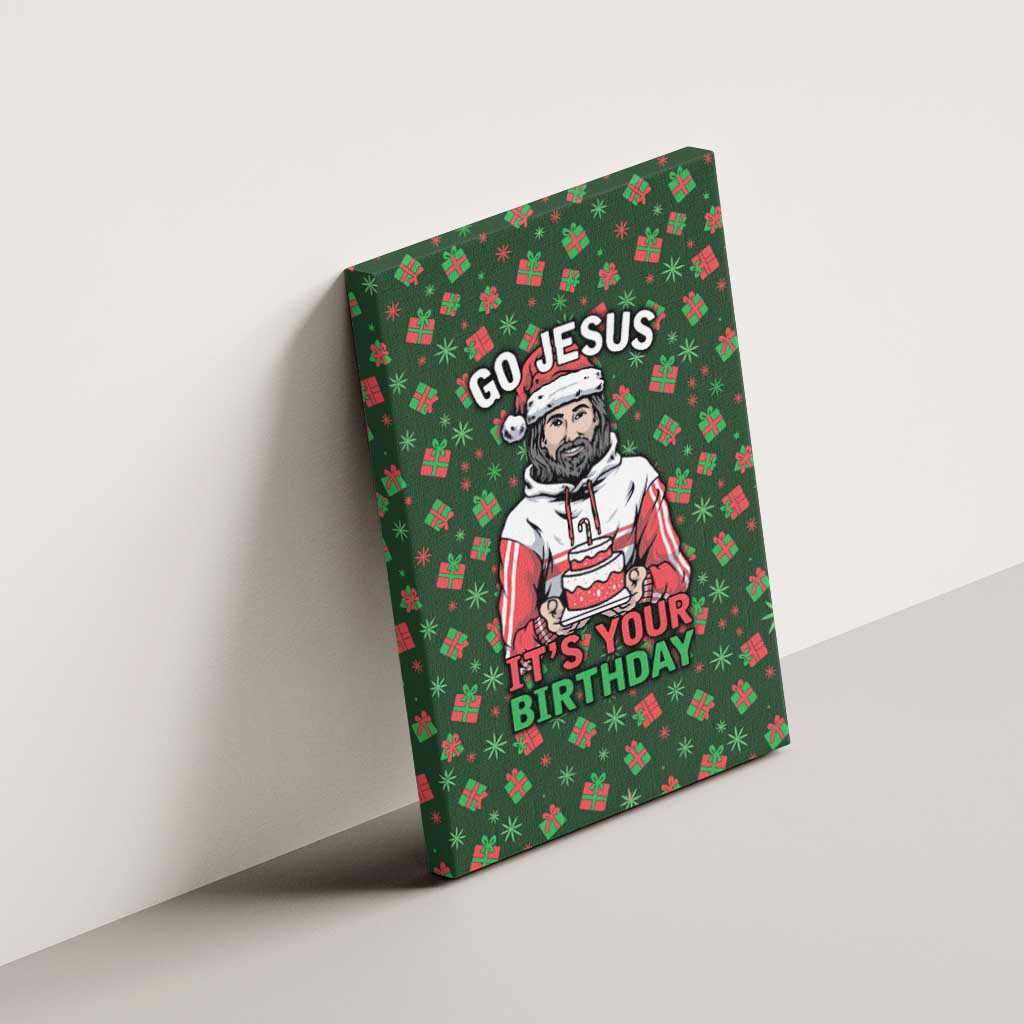 Go Jesus It's Your Birthday Christmas Canvas Wall Art with Presents and Festive Pattern - Wonder Print Shop