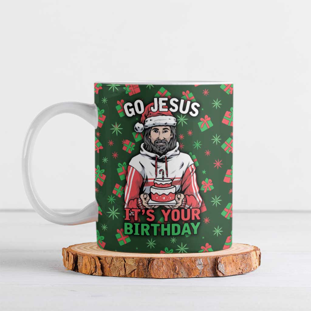 Go Jesus It's Your Birthday Christmas Ceramic Mug with Presents and Festive Pattern - Wonder Print Shop