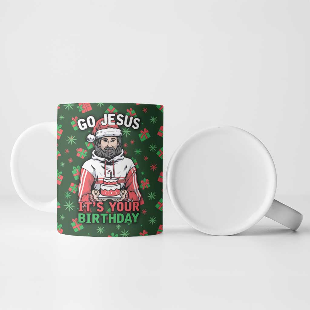 Go Jesus It's Your Birthday Christmas Ceramic Mug with Presents and Festive Pattern - Wonder Print Shop