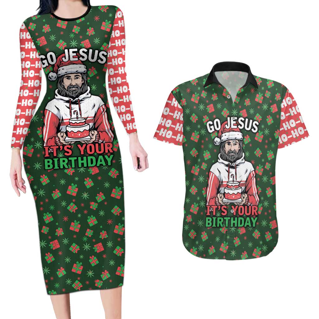 Go Jesus It's Your Birthday Christmas Couples Matching Long Sleeve Bodycon Dress and Hawaiian Shirt with Presents and Festive Pattern - Wonder Print Shop