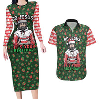 Go Jesus It's Your Birthday Christmas Couples Matching Long Sleeve Bodycon Dress and Hawaiian Shirt with Presents and Festive Pattern - Wonder Print Shop