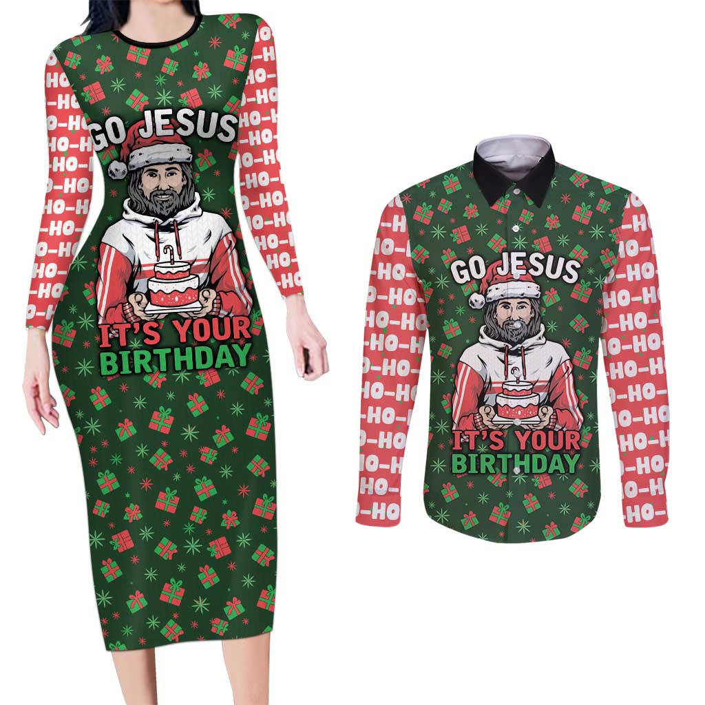 Go Jesus It's Your Birthday Christmas Couples Matching Long Sleeve Bodycon Dress and Long Sleeve Button Shirt with Presents and Festive Pattern - Wonder Print Shop