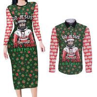 Go Jesus It's Your Birthday Christmas Couples Matching Long Sleeve Bodycon Dress and Long Sleeve Button Shirt with Presents and Festive Pattern - Wonder Print Shop