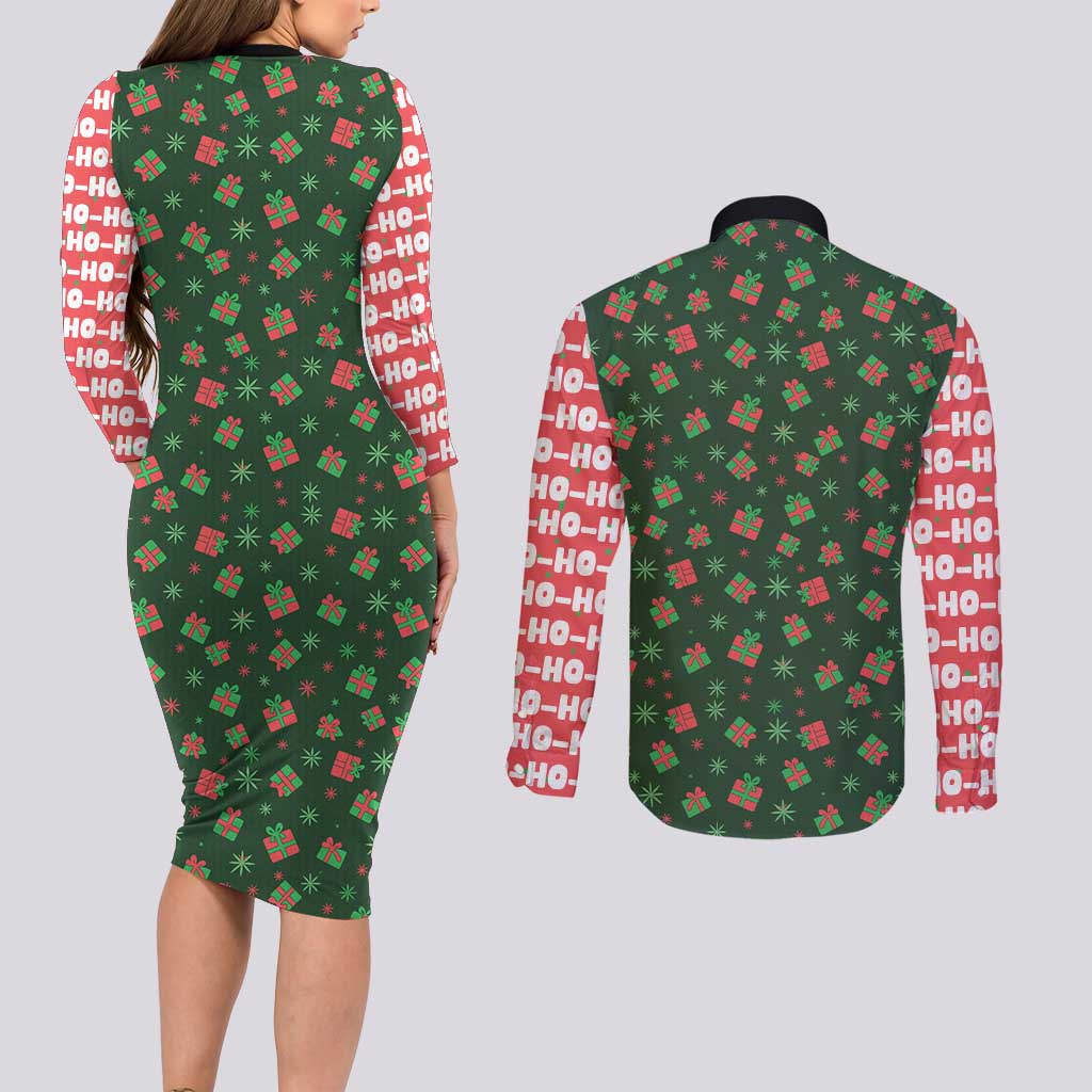 Go Jesus It's Your Birthday Christmas Couples Matching Long Sleeve Bodycon Dress and Long Sleeve Button Shirt with Presents and Festive Pattern - Wonder Print Shop