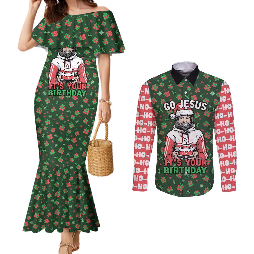 Go Jesus It's Your Birthday Christmas Couples Matching Mermaid Dress and Long Sleeve Button Shirt with Presents and Festive Pattern - Wonder Print Shop
