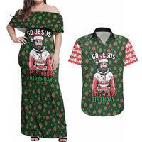 Go Jesus It's Your Birthday Christmas Couples Matching Off Shoulder Maxi Dress and Hawaiian Shirt with Presents and Festive Pattern - Wonder Print Shop