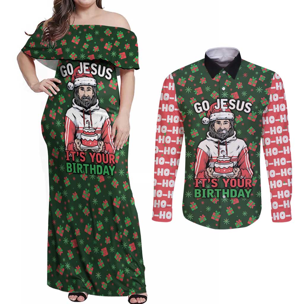 Go Jesus It's Your Birthday Christmas Couples Matching Off Shoulder Maxi Dress and Long Sleeve Button Shirt with Presents and Festive Pattern - Wonder Print Shop