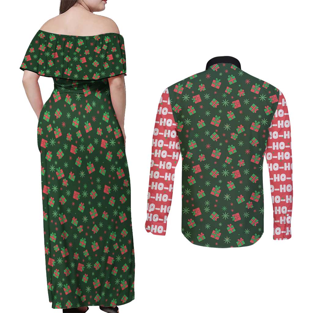 Go Jesus It's Your Birthday Christmas Couples Matching Off Shoulder Maxi Dress and Long Sleeve Button Shirt with Presents and Festive Pattern - Wonder Print Shop