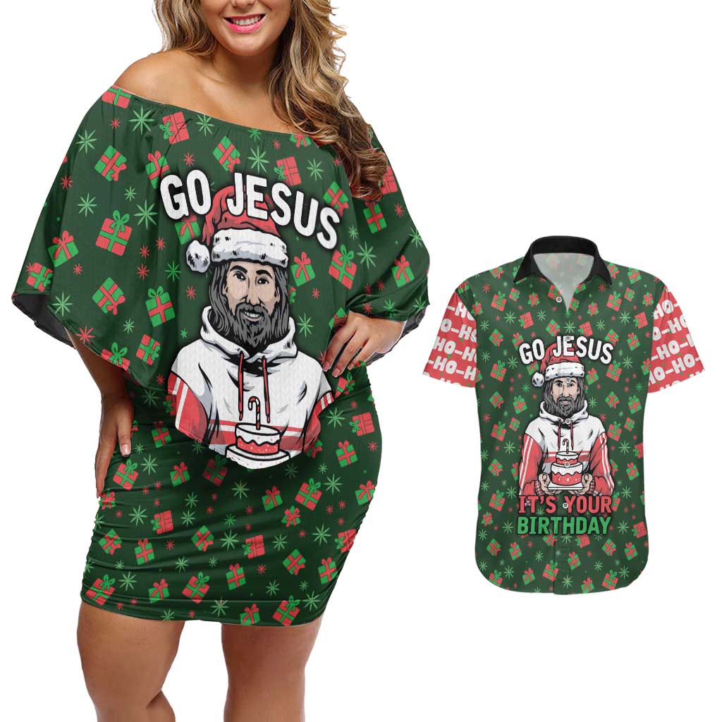 Go Jesus It's Your Birthday Christmas Couples Matching Off Shoulder Short Dress and Hawaiian Shirt with Presents and Festive Pattern - Wonder Print Shop
