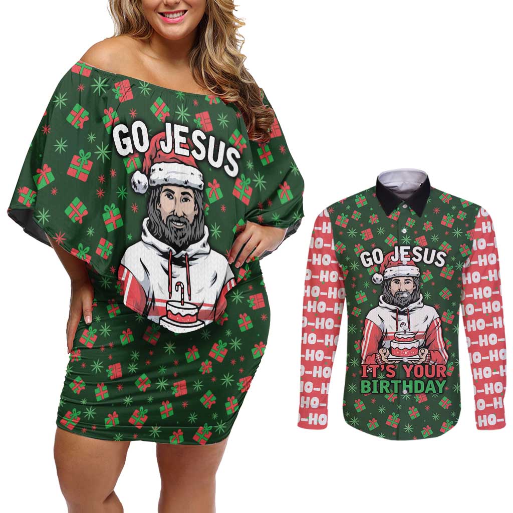 Go Jesus It's Your Birthday Christmas Couples Matching Off Shoulder Short Dress and Long Sleeve Button Shirt with Presents and Festive Pattern - Wonder Print Shop