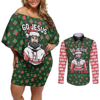 Go Jesus It's Your Birthday Christmas Couples Matching Off Shoulder Short Dress and Long Sleeve Button Shirt with Presents and Festive Pattern - Wonder Print Shop