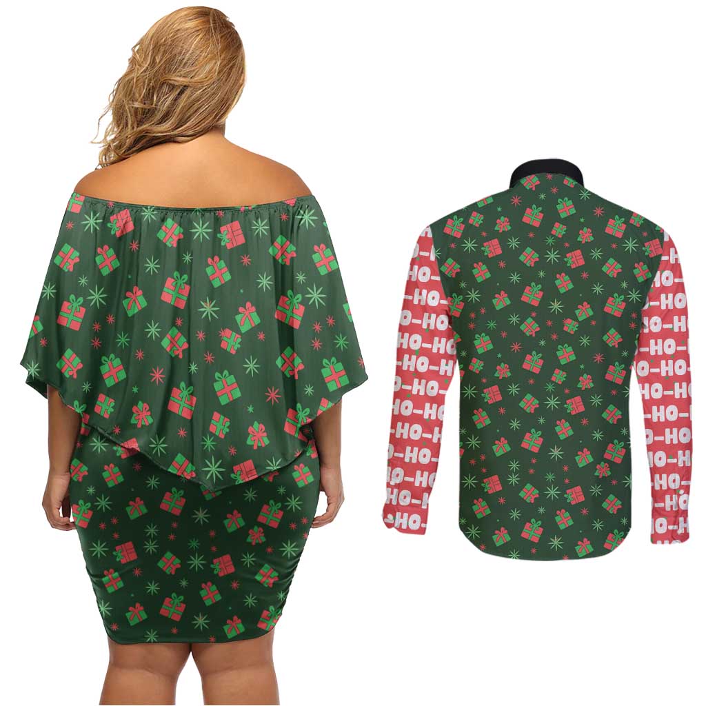 Go Jesus It's Your Birthday Christmas Couples Matching Off Shoulder Short Dress and Long Sleeve Button Shirt with Presents and Festive Pattern - Wonder Print Shop