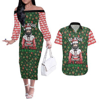 Go Jesus It's Your Birthday Christmas Couples Matching Off The Shoulder Long Sleeve Dress and Hawaiian Shirt with Presents and Festive Pattern - Wonder Print Shop